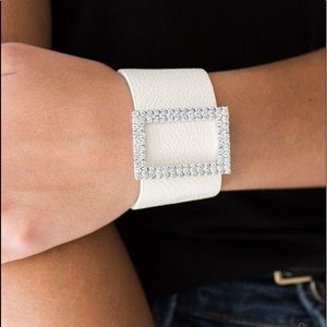 White Faux Leather Wrap Bracelet - White Rhinestones - Lead + Nickel Free